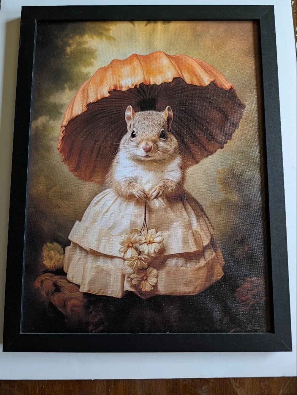 Framed Mushroom Umbrella Squirrel in Dress Wall Art